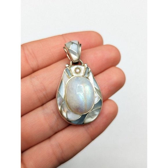 Ed Lohman Sterling Silver Rainbow Moonstone Mother Of Pearl MOP Inlay Pendant - Picture 10 of 10